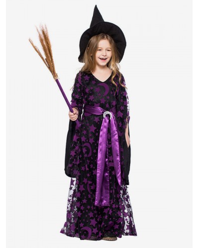 Girls Child Witch Cosplay Costume Kids Dresses Sash Hat 3 Pieces Carnival Sets