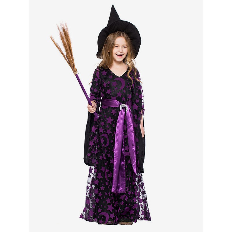 Girls Child Witch Cosplay Costume Kids Dresses Sash Hat 3 Pieces Carnival Sets