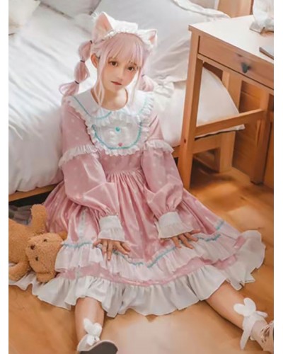 Sweet Lolita Dress Polyester Long Sleeves Ruffles Dress