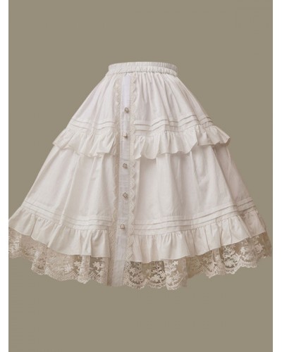 Sweet Lolita SK Lace Trim Frill Cotton White Lolita Skirt Daily Casual Tea Party