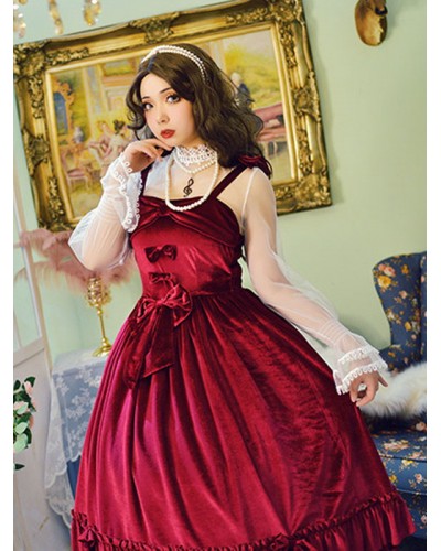 Sweet Lolita JSK Dress Neverland Bow Ruffles Velour Burgundy Lolita Jumper Skirts