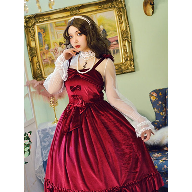 Sweet Lolita JSK Dress Neverland Bow Ruffles Velour Burgundy Lolita Jumper Skirts