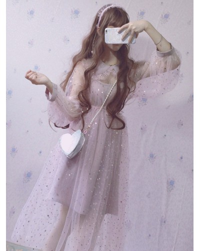 Lolita OP Dress Sequin Ruffle Tulle Lolita One Piece Dress Sweet Spring Summer Daily Casual