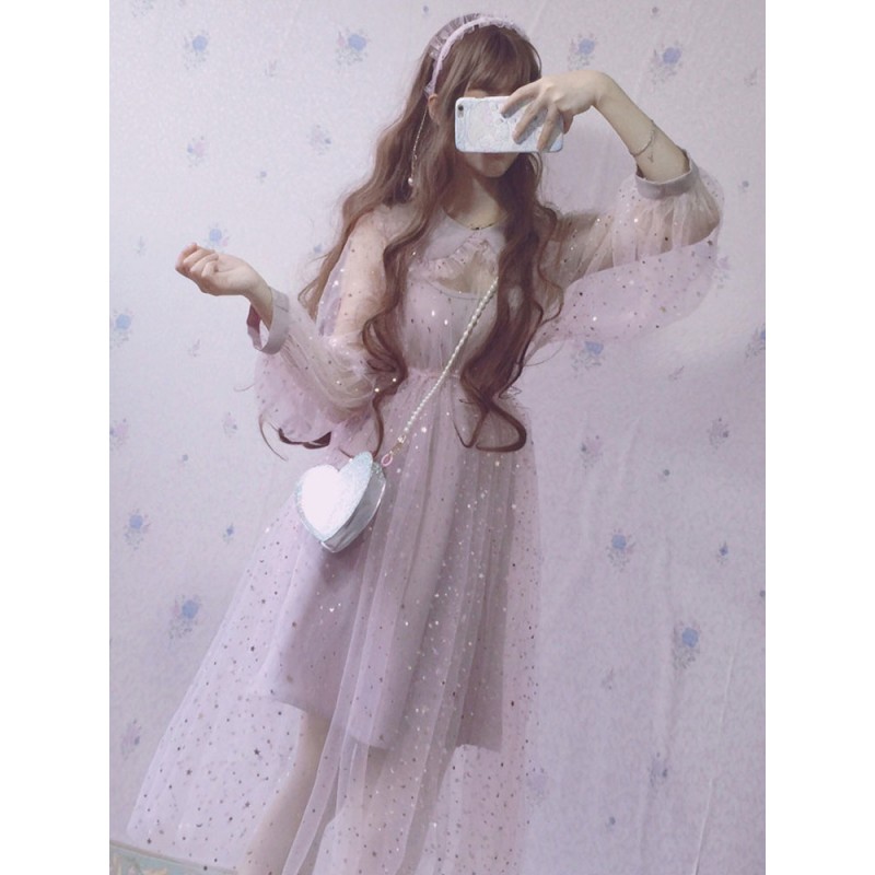 Lolita OP Dress Sequin Ruffle Tulle Lolita One Piece Dress Sweet Spring Summer Daily Casual