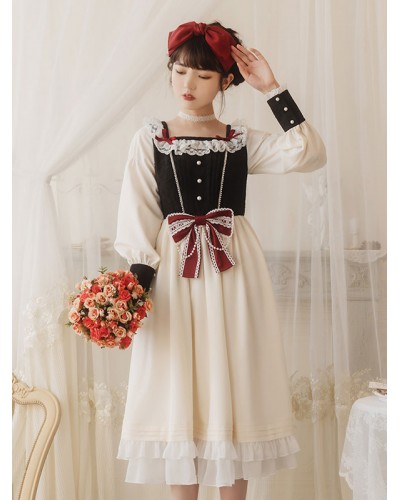 Lolita OP Dress Lace White Polyester Long Sleeves Red Bowknot Ruffles Snow White Traditional Lolita One Piece Dresses Sweet Spring Summer Daily Casual Tea Party