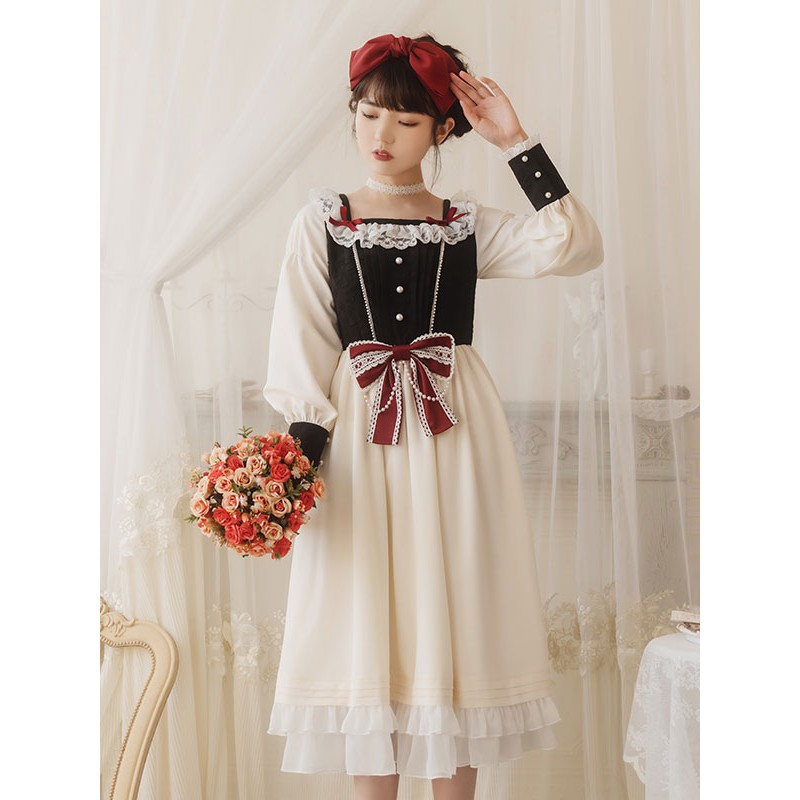 Lolita OP Dress Lace White Polyester Long Sleeves Red Bowknot Ruffles Snow White Traditional Lolita One Piece Dresses Sweet Spring Summer Daily Casual Tea Party