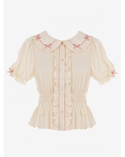 Style Lolita White Short Sleeves Lolita Top Bows Ruffles Lolita Shirt Blouses Sweet ROCOCO Daily Casual Tea Party