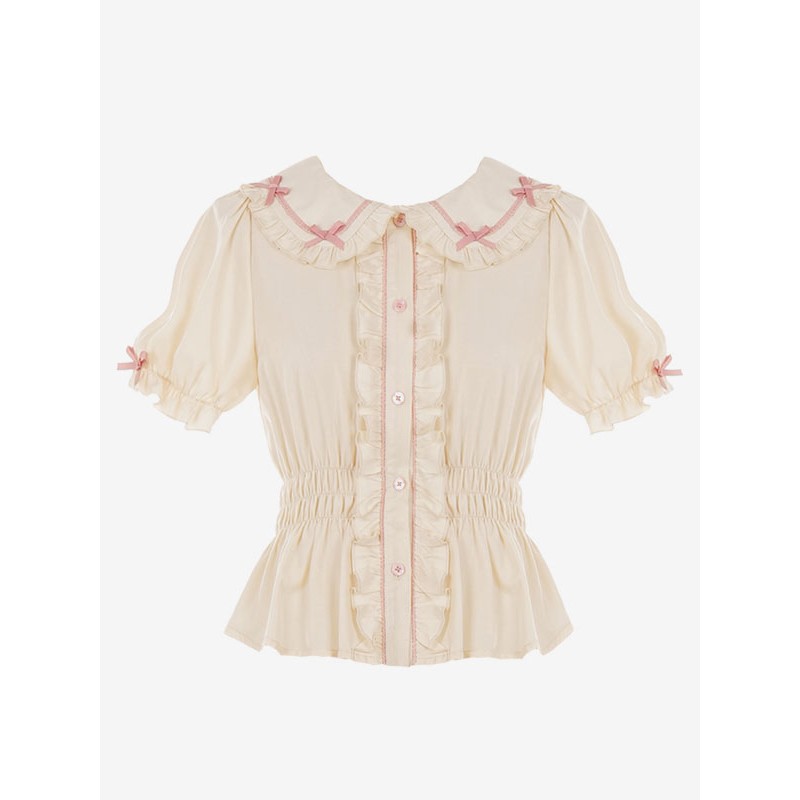 Style Lolita White Short Sleeves Lolita Top Bows Ruffles Lolita Shirt Blouses Sweet ROCOCO Daily Casual Tea Party