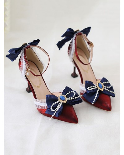 Sweet Lolita Heels Deep Blue Bow Lace Rhinestones Pointed Toe Nubuck Lolita Ankle Strap Heels Daily Casual