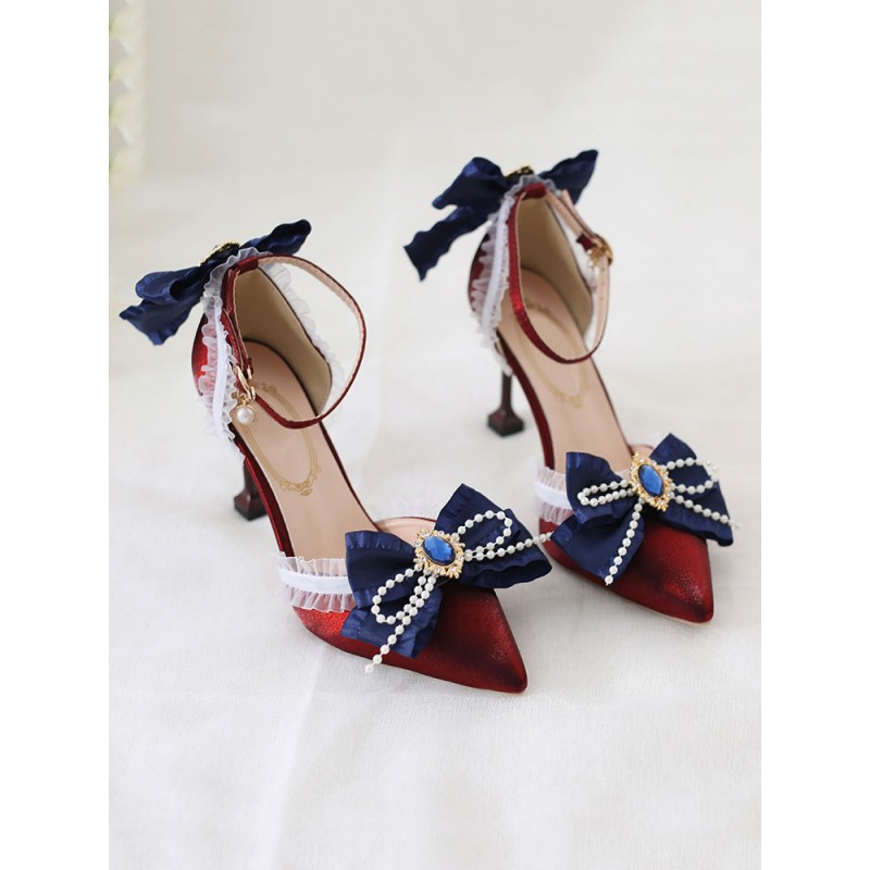 Sweet Lolita Heels Deep Blue Bow Lace Rhinestones Pointed Toe Nubuck Lolita Ankle Strap Heels Daily Casual