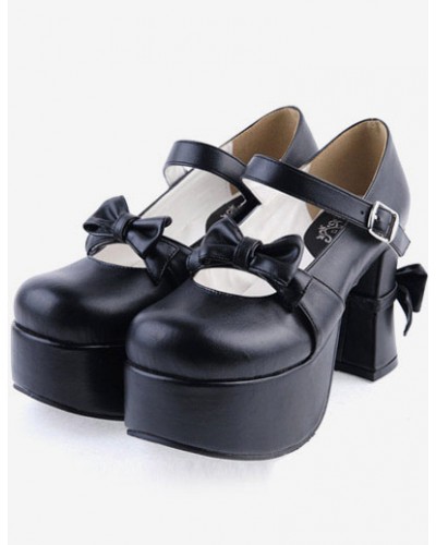 Matte Black Lolita Chunky Heels Shoes Platform Bows Decor Buckle