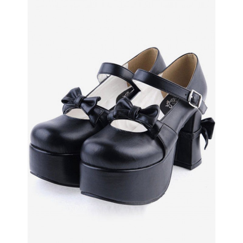 Matte Black Lolita Chunky Heels Shoes Platform Bows Decor Buckle