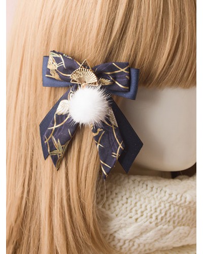 Lolita Hair Clip Pom Pom Bow Fan Blue Lolita Hairpin Accessories Kimono Daily Casual Tea Party