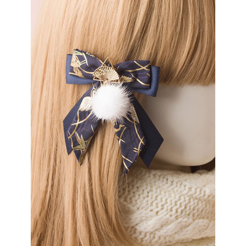 Lolita Hair Clip Pom Pom Bow Fan Blue Lolita Hairpin Accessories Kimono Daily Casual Tea Party