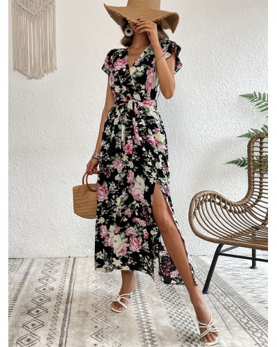 V-Neck Maxi Short Sleeves Casual Floral Print High-slit Floor Length Dress Tropical Beach