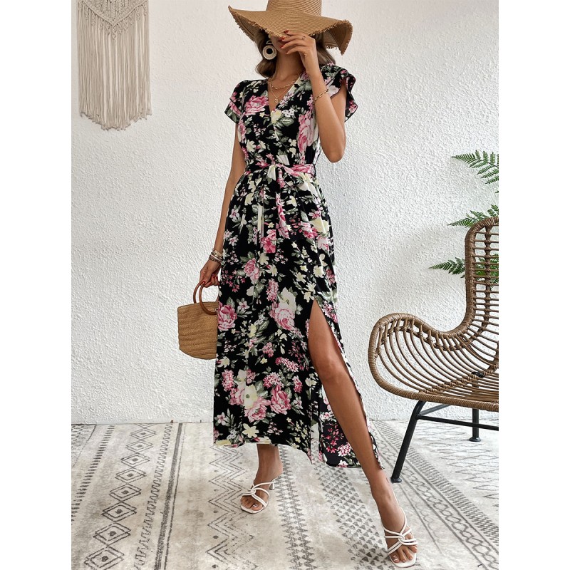 V-Neck Maxi Short Sleeves Casual Floral Print High-slit Floor Length Dress Tropical Beach