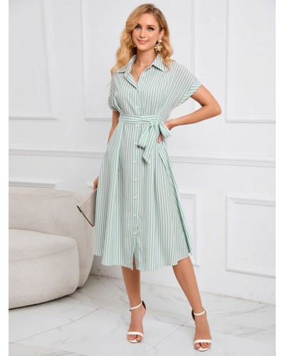 Women Shirt Midi Dress Light Green Turndown Collar Buttons Short Sleeves Stripes Dress Bodycon Spring Summer Fall