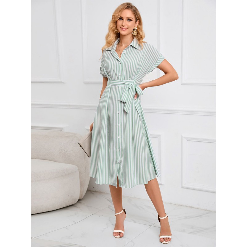 Women Shirt Midi Dress Light Green Turndown Collar Buttons Short Sleeves Stripes Dress Bodycon Spring Summer Fall