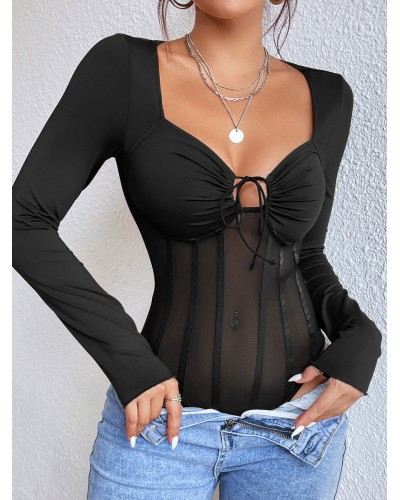 Long Sleeves Corset Lace Up Bodysuit Black Women Tops Sexy Indoor Dating