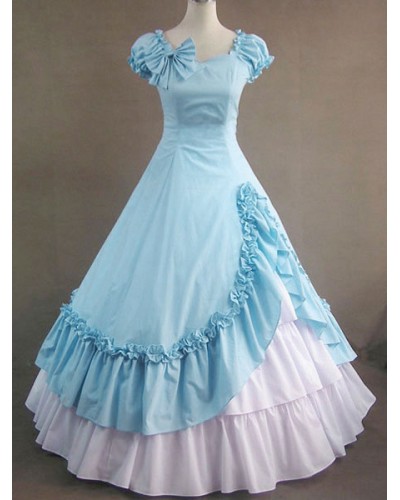 Victorian Dress Costume Light Sky Blue Cotton Short Sleeves Ball Gown Ruffle Retro Costumes Halloween Victorian Era Holiday