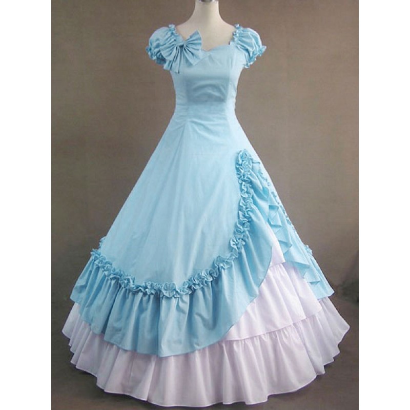 Victorian Dress Costume Light Sky Blue Cotton Short Sleeves Ball Gown Ruffle Retro Costumes Halloween Victorian Era Holiday