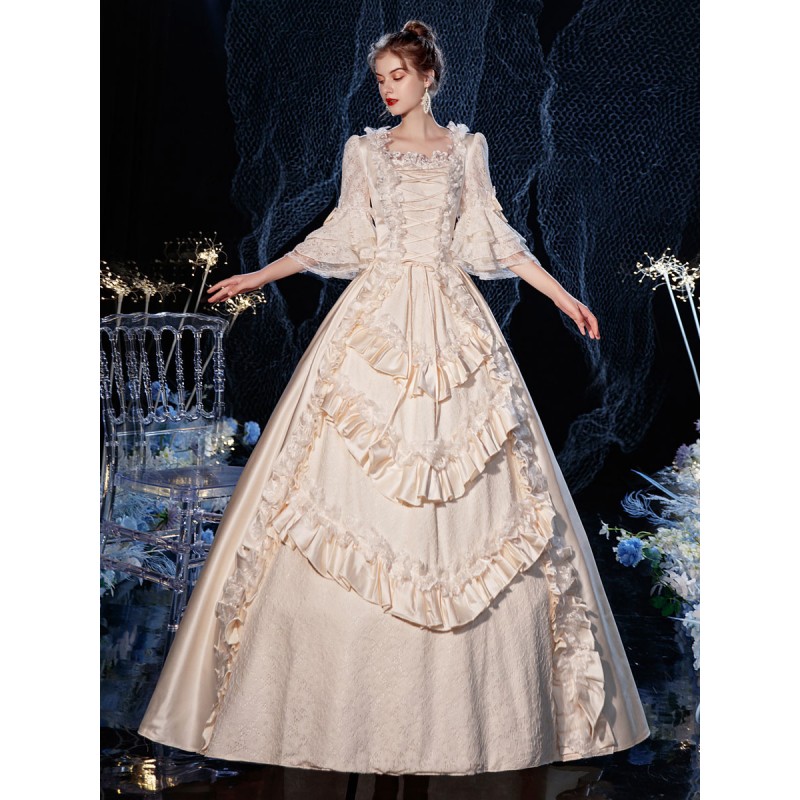 Women Rococo Victorian Retro Costume Dress Layered Ruffles Lace Cotton Cosplay Costume Carnival Euro-Style