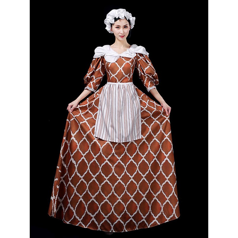 Mahogany Costumes Set Quilted Polyester Apron Dress Headwear Retro Euro-Style Holiday Ball