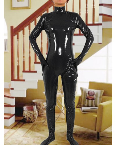 Unisex Women Black PVC Adult Bodysuit Shiny Metallic Catsuit Solid