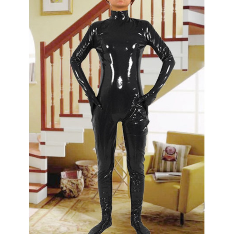 Unisex Women Black PVC Adult Bodysuit Shiny Metallic Catsuit Solid