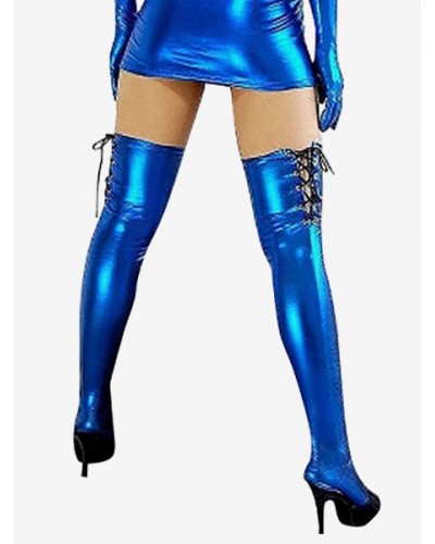 Unisex Halloween Women‘s Royal Blue Stockings Thigh Highs Shiny Metallic Costume Halloween