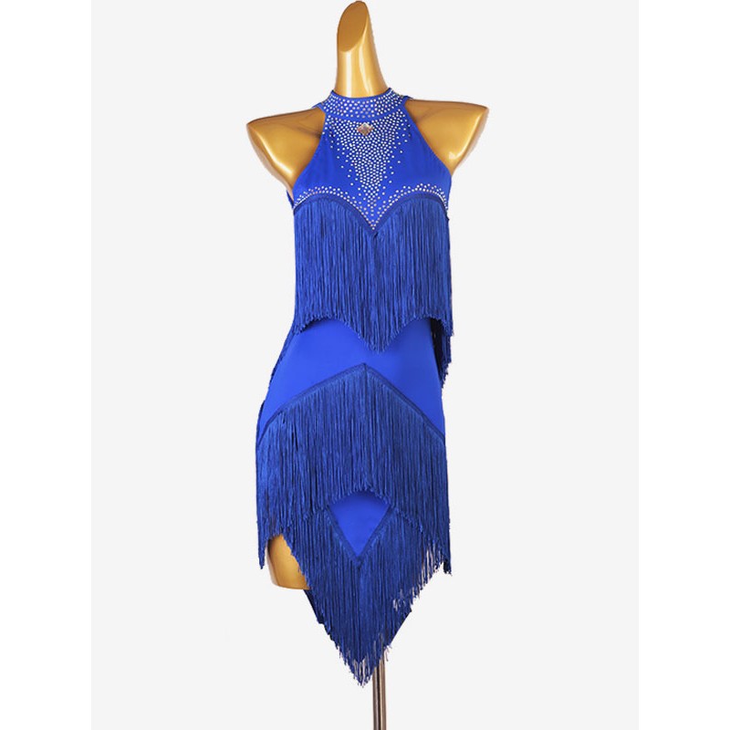 Women Latin Dance Dresses Royal Blue 's Set Lycra Spandex Dress Dancing Wear