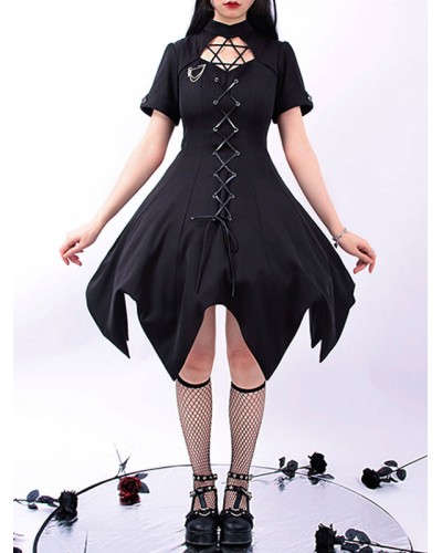 Pre-Sale Gothic Lolita OP Dress Black Short Sleeves Ruffles Lace Up Black Lolita One Piece Dress