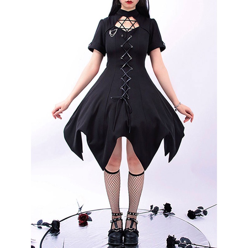 Pre-Sale Gothic Lolita OP Dress Black Short Sleeves Ruffles Lace Up Black Lolita One Piece Dress