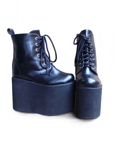 Matte Black Lolita High Platform With Shoeslace Design