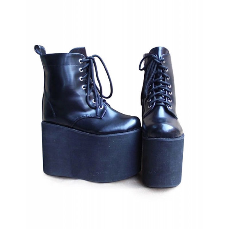 Matte Black Lolita High Platform With Shoeslace Design