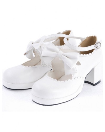 Sweet White Chunky Heels Lolita Shoes Ankle Strap Bow Decor Round Toe