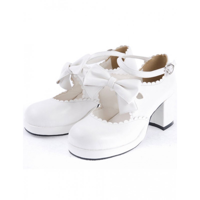 Sweet White Chunky Heels Lolita Shoes Ankle Strap Bow Decor Round Toe