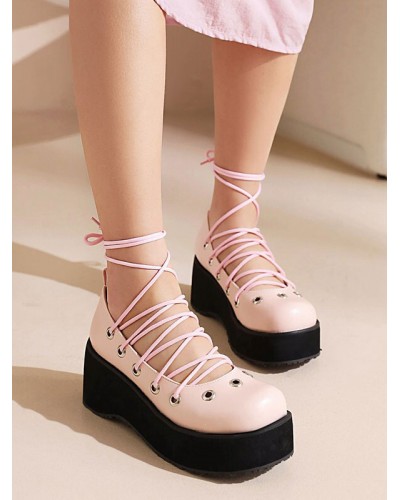 Lolita Footwear Pink Lace Up Round Toe PU Leather Lolita Shoes Sweet Daily Casual