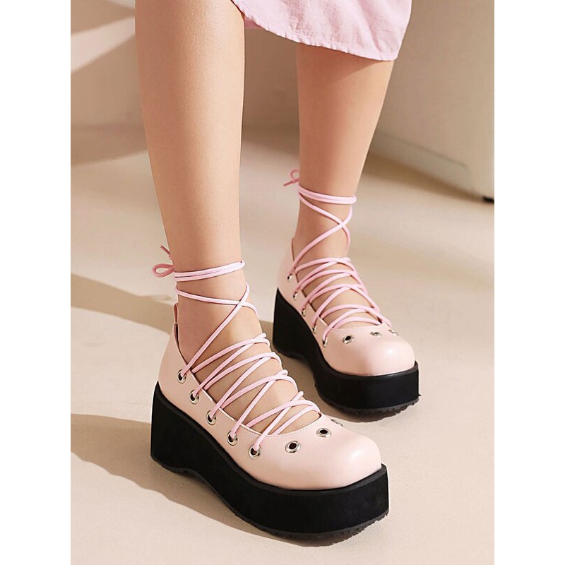 Lolita Footwear Pink Lace Up Round Toe PU Leather Lolita Shoes Sweet Daily Casual