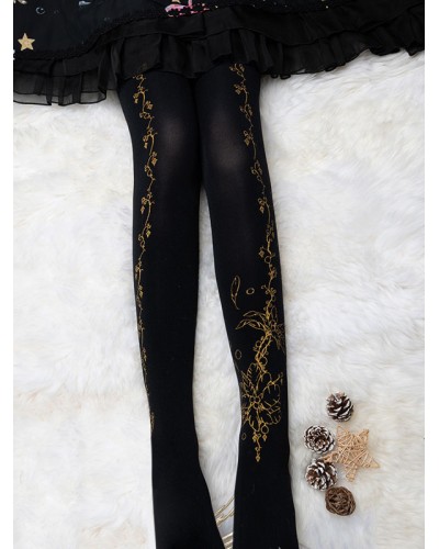 Velvet Lolita Pantyhose Flower Feather Print 120D Lolita Stocking