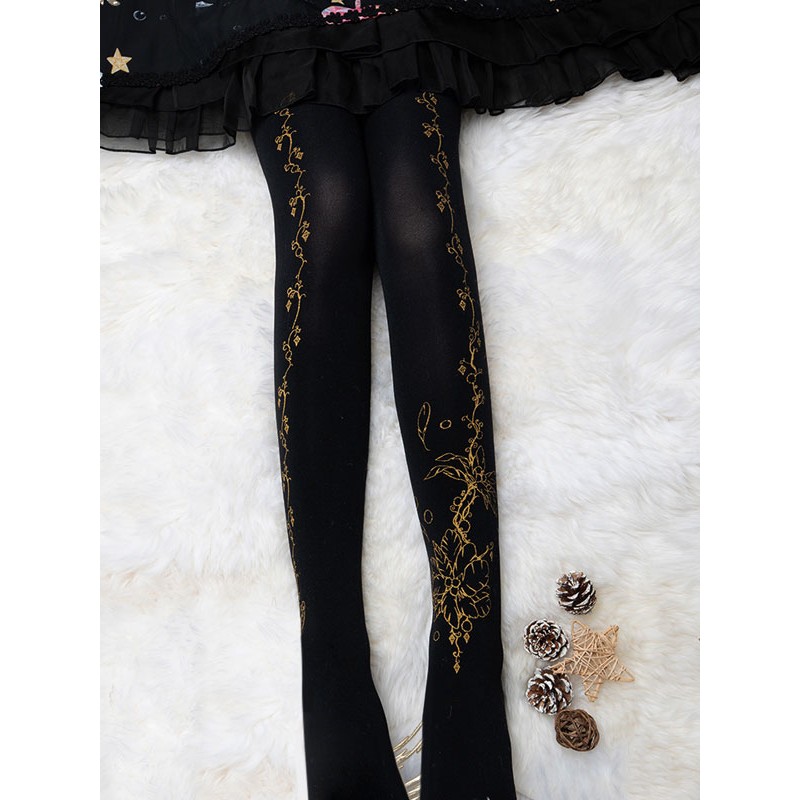 Velvet Lolita Pantyhose Flower Feather Print 120D Lolita Stocking