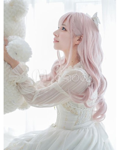 Sweet Lolita Wigs Soft Pink Long Curly Lolita Hair Wigs With Blunt Bangs