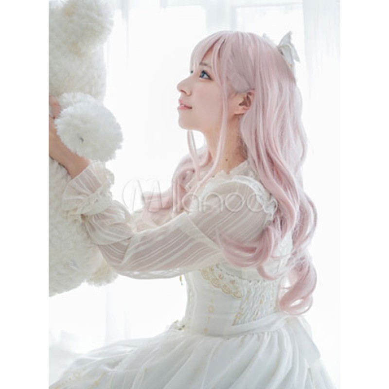 Sweet Lolita Wigs Soft Pink Long Curly Lolita Hair Wigs With Blunt Bangs