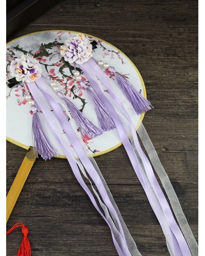 Han Lolita Headdress Chinese Style Fringe Flowers Ribbons Lolita Hair Accessories