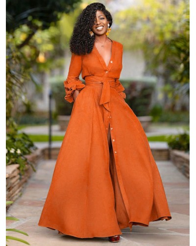 Women Orange Dresses Long Sleeves V-Neck Sash Layered Long Dress Maxi Daily Casual