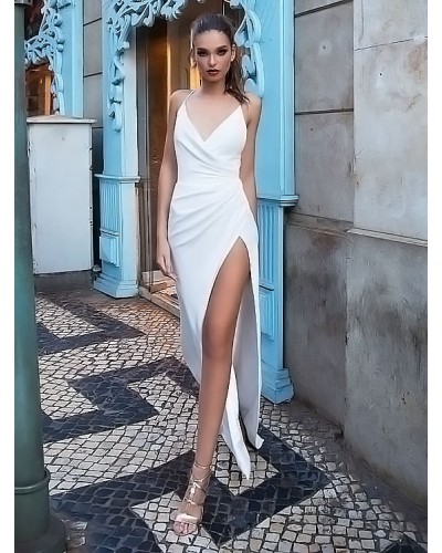 White Long Dress Sexy Slip Dress V Neck Split Sleeveless Backless Maxi Dress Chic  Modern Summer