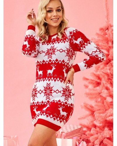 Women Knitted Dress Modern Christmas Pattern Acrylic Long Sleeves Jewel Neck Dresses Classic  Traditional Winter