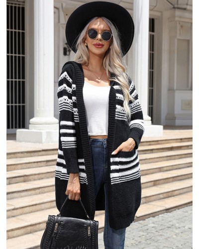 Sweaters Cardigans Black Stripes Long Sleeves Hooded Outerwear Casual