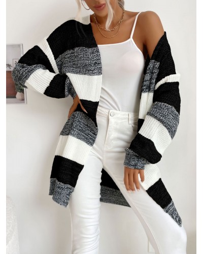 Women Sweaters Cardigans Black Stripes Piping Long Sleeves Stretch Cardigans Casual Street Wear Indoor Field