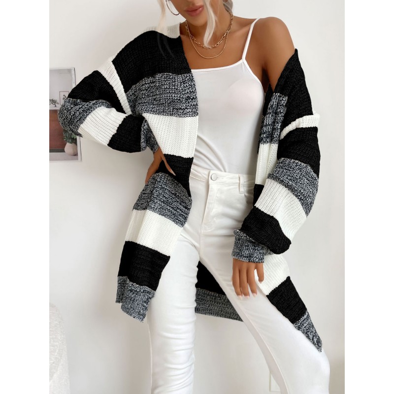 Women Sweaters Cardigans Black Stripes Piping Long Sleeves Stretch Cardigans Casual Street Wear Indoor Field